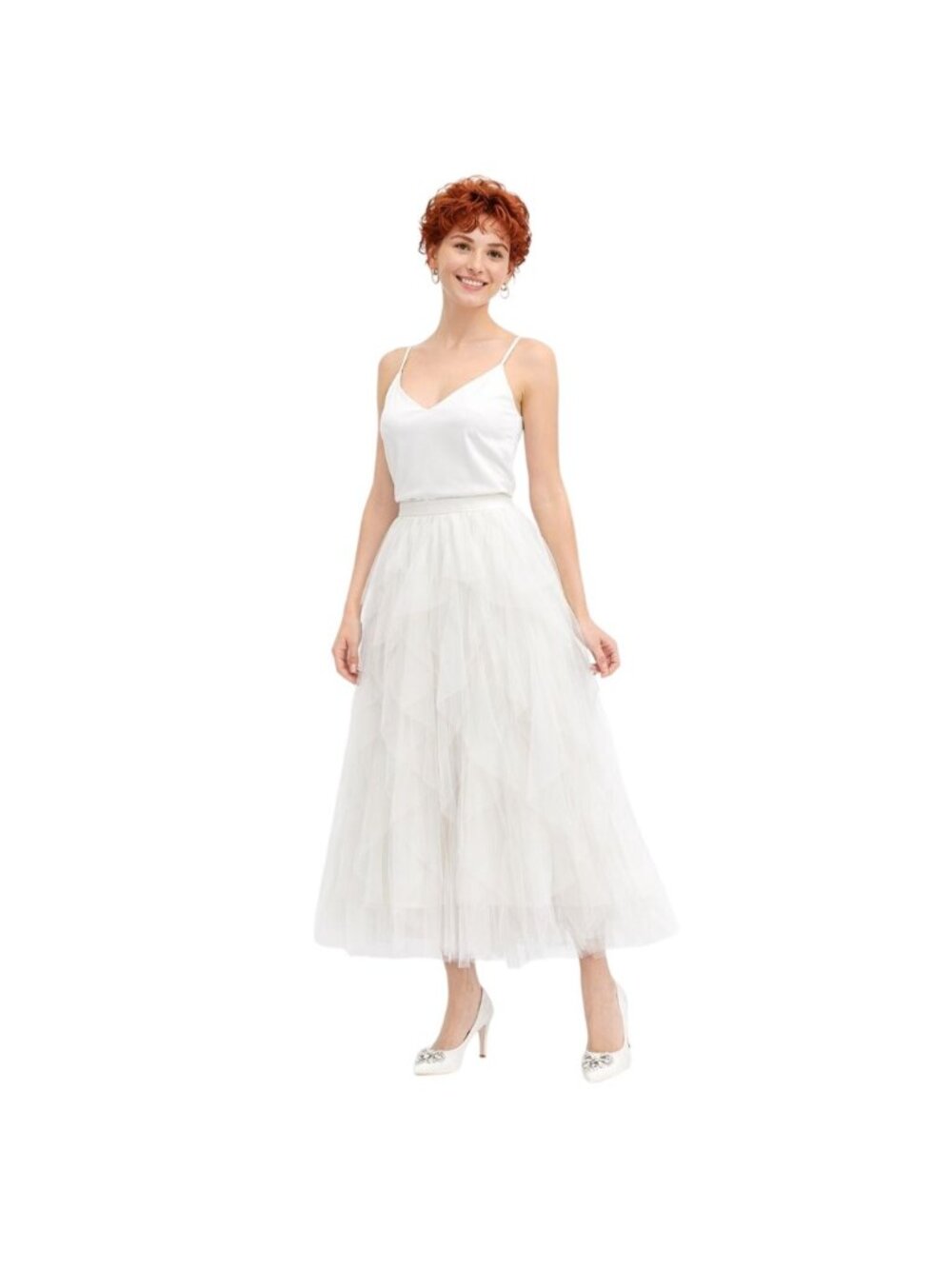 New Layered White Bridal Tulle Maxi S/M Skirt With Elastic Waistband